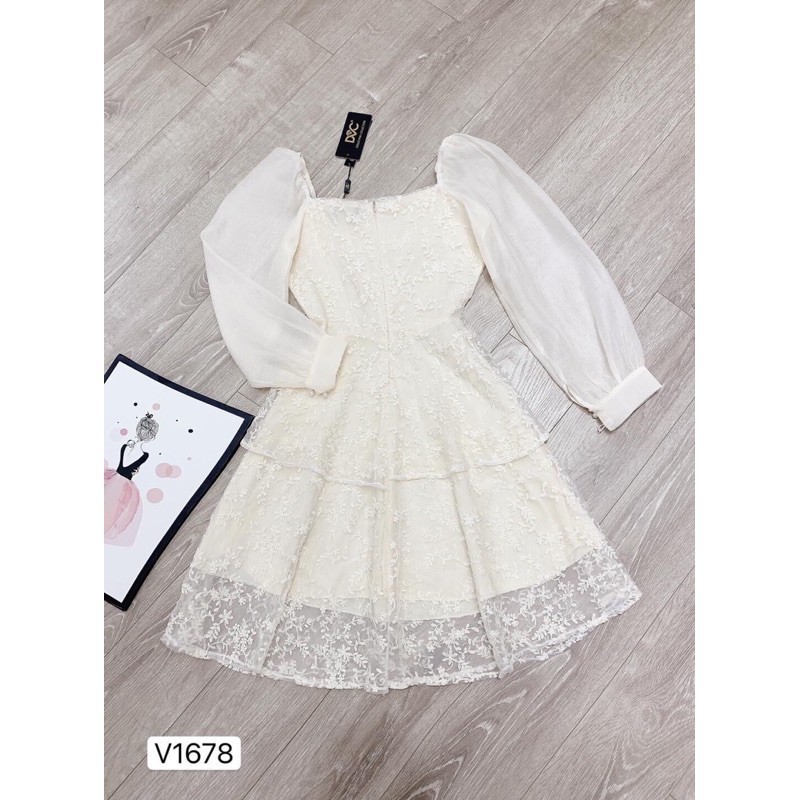 Đầm dáng xòe 👗 Đẹp DVC 💕 Đầm xòe tầng dự tiệc tay dài phối ren V1678