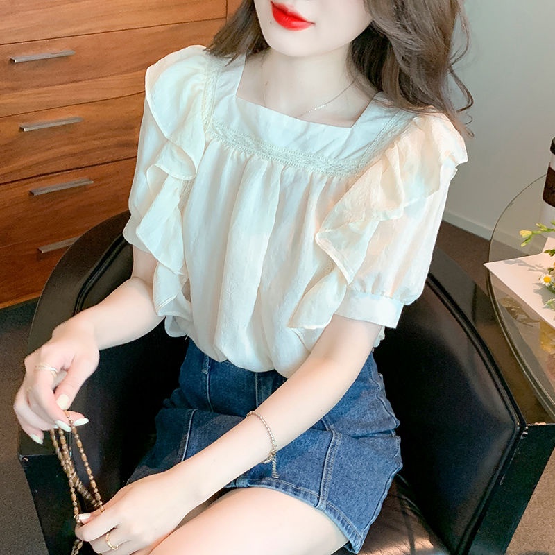 Áo Sơ Mi Tay Ngắn Cổ Vuông Phong Cách Thời Trang Hàn Quốc Cho Nữ