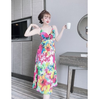 Đầm maxi 2 dây thắt nơ lụa latin mềm mát, váy maxi hè