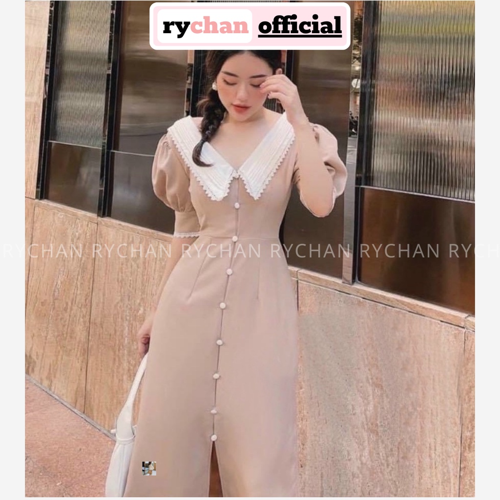 Đầm Xoè Midi Vintage Cổ Lá Tay Phồng, Đầm Công Sở Cổ Điển - DX0147