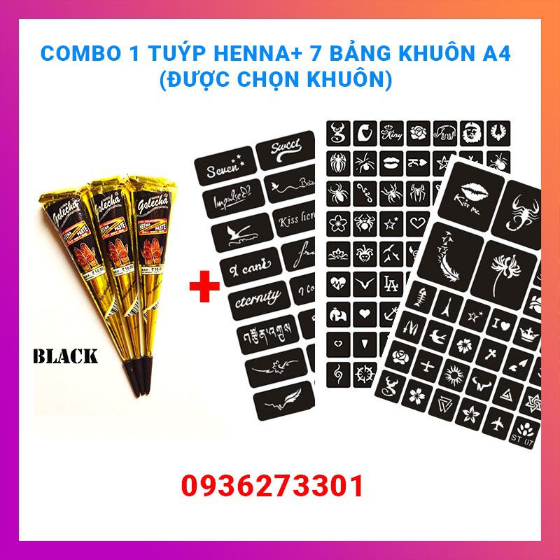 SALE Combo 7 khuôn henna và 1 tuýp mực HENNa ĐEN