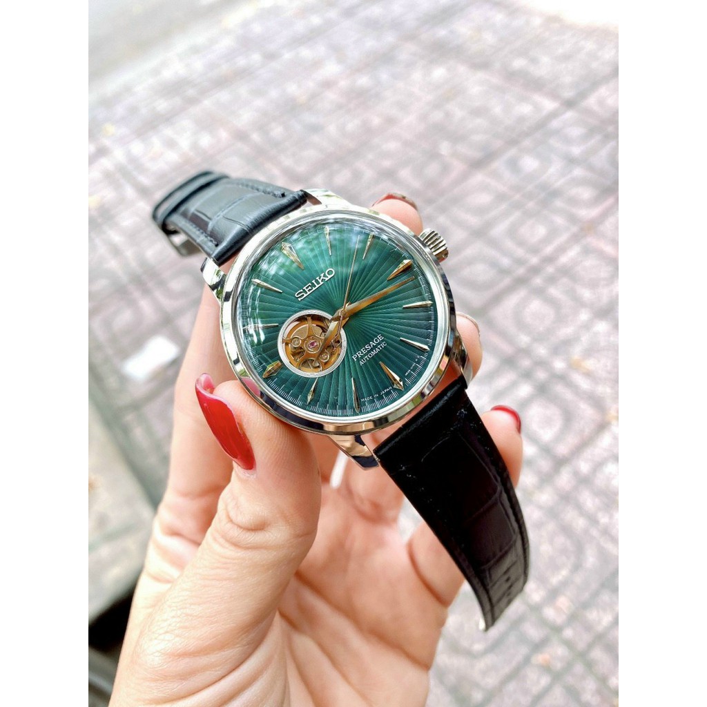 Đồng hồ nam seiko presage open-heart cocktail , dây da , size 41mm (vỏ vàng , bạc)