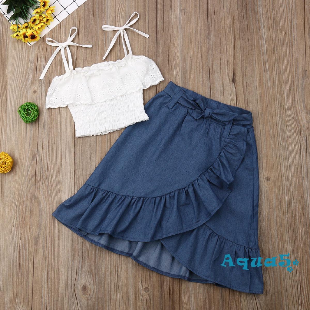 Set áo ngắn tay cổ tròn + Quần short jeans lưng cao thời trang cho bé gái