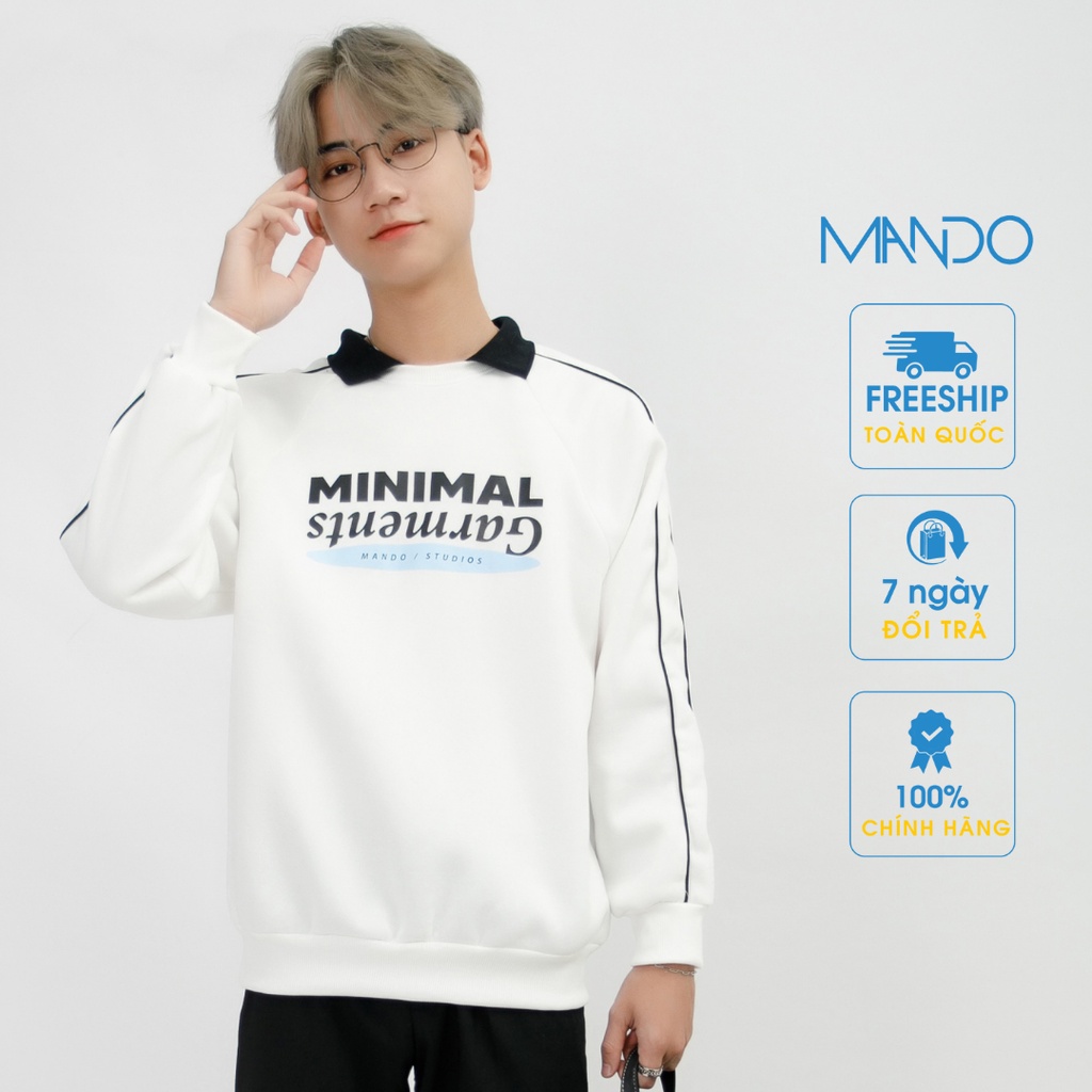 Áo Nỉ Cao Cấp Sweater Dài Tay Nam MANDO Có Cổ Họa Tiết In Chữ Form Rộng Basic Unisex Thời Trang Hàn Quốc NDN085