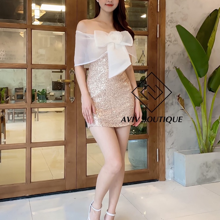 Đầm body dự tiệc trễ vai nơ trước ngực _ LINNY