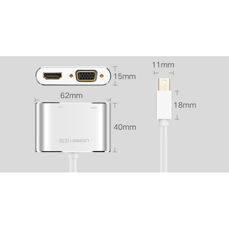 [Mã 159ELSALE hoàn 7% đơn 300K] Cáp Mini DisplayPort To HDMI + VGA Ugreen (20421)