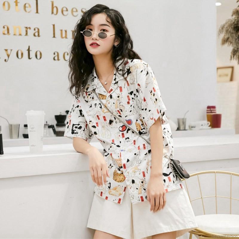 Áo sơ mi tay ngắn hoạ tiết mèo phong cách vintage | BigBuy360 - bigbuy360.vn