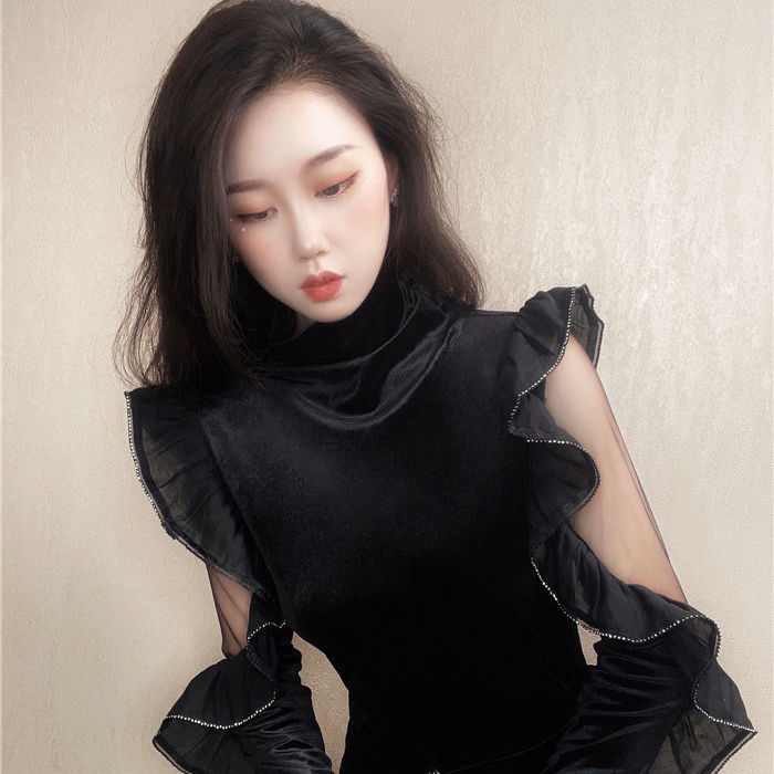 Áo kiểu vải nhung dài tay dáng ôm thiết kế khoét rỗng thời trang mùa thu mới quyến rũ cho nữ