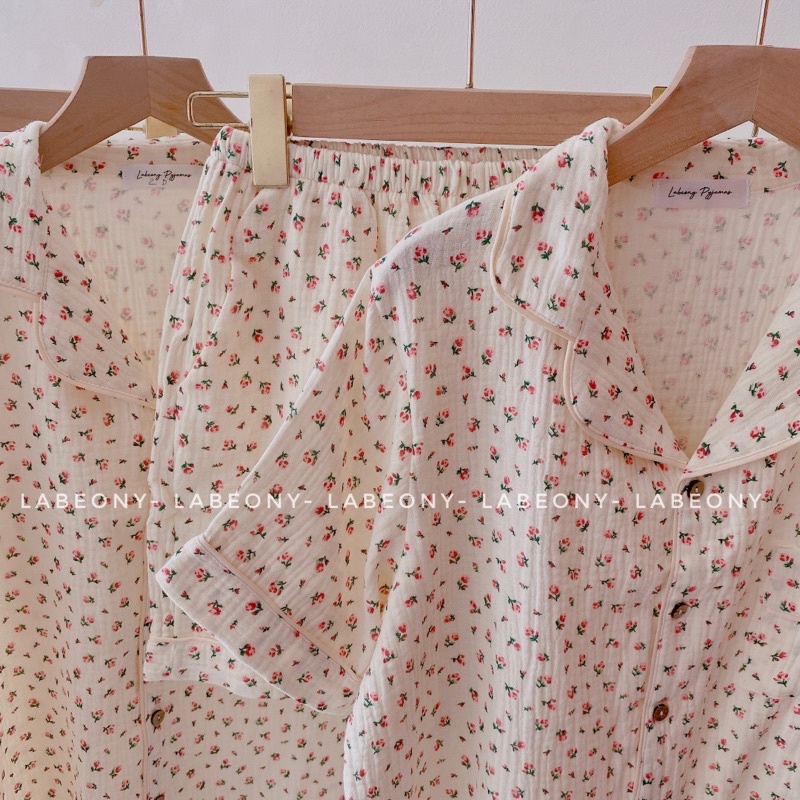 Pyjama đồ mặc nhà đồ bộ nữ hoa hồng xô muslin cao cấp mềm mát Labeony