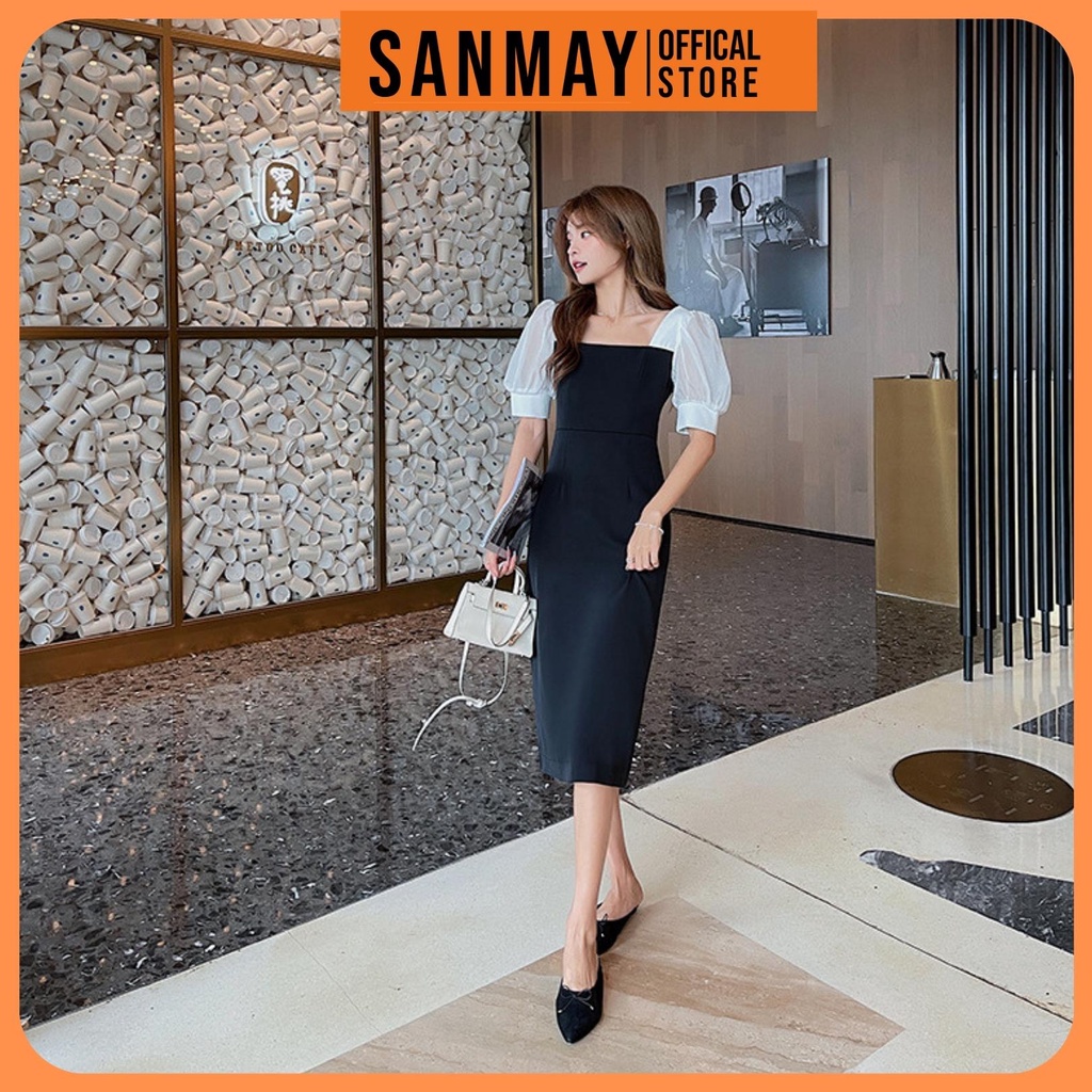 Váy Dự Tiệc Cưới SANMAY Đầm Cổ Vuông Tay Phồng Sang Trọng Thiết Kế Dáng Ôm Đi Chơi Công Sở Đen VD038 | BigBuy360 - bigbuy360.vn