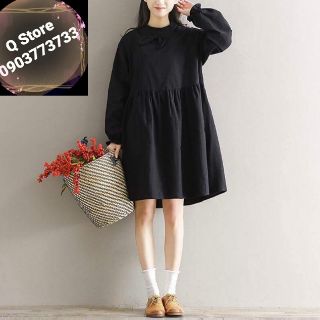 Đầm babydoll đen cổ nơ nút sau