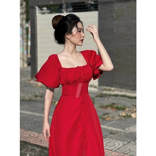 ĐẦM MAXI CỔ VUÔNG NÚT BỌC TAY PHỒNG 4M sp000024