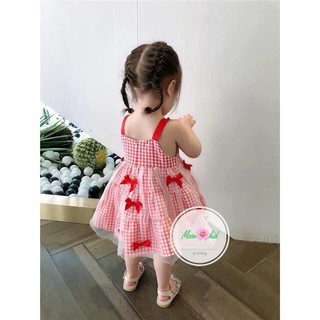 Váy kẻ phối ren nơ đỏ bé gái