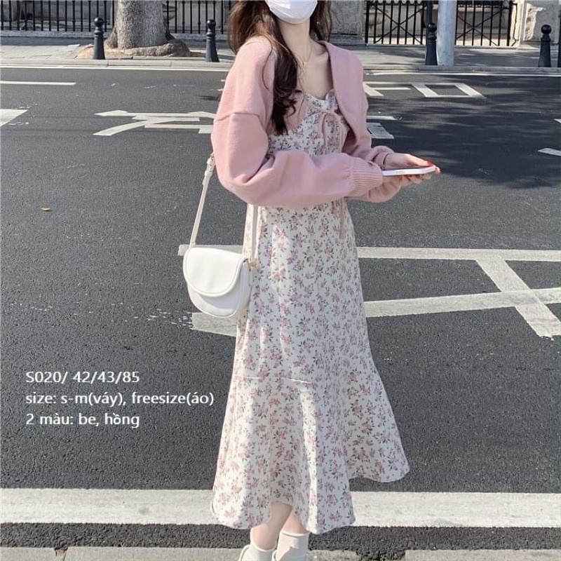 Set váy hoa nhí vintage dáng dài style Hàn quốc + khoác len Cardigan croptop dây buộc nơ cổ, tay phồng xinh xắn