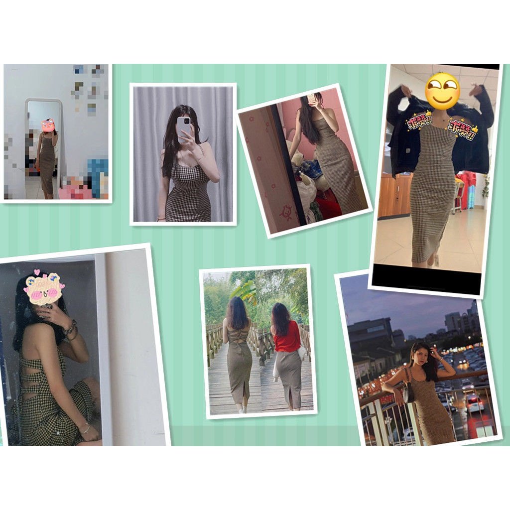 Đầm Ôm Hai Dây Hở Lưng Họa Tiết Houndstooth Phong Cách Retro Pháp Thời Trang Cho Nữ