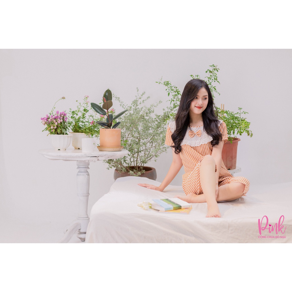 Pijama Ngủ Caro Màu Cam Tay Ngắn Vải Kate Siêu Cấp Đồ Ngủ Nữ Thoáng Mát Phong Cách Trẻ Trung Thanh Lịch Nữ Tính