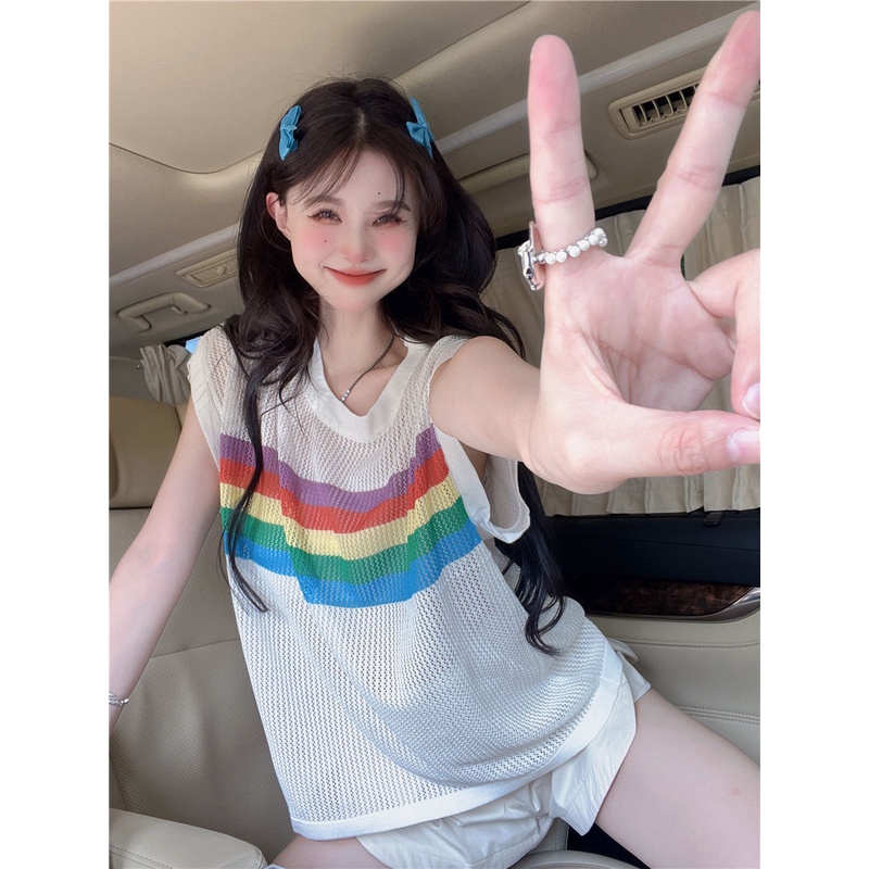 Jiashucheng Áo Dệt Kim Chui Đầu Dáng Rộng Tay Ngắn Cổ Tròn Họa Tiết Sọc Cầu Vồng Rỗng Nhẹ Nhàng Trong Suốt Phong Cách Năm Mới Mùa Hè Cho Nữ
