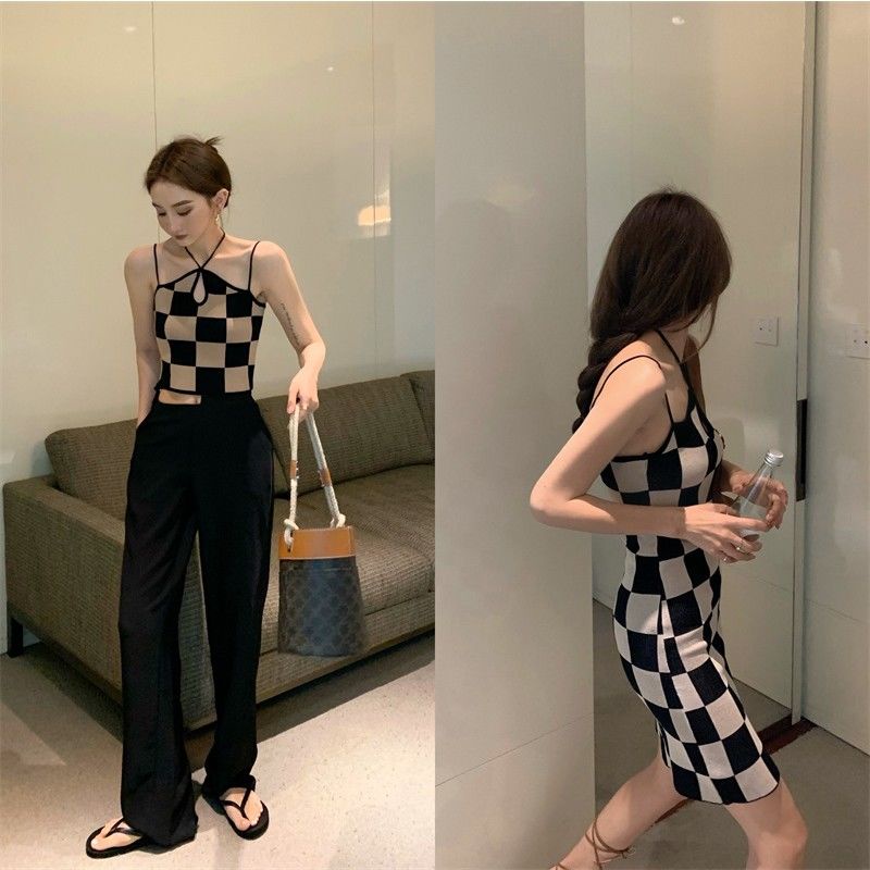 COZOK Áo hai dây sọc caro thời trang gợi cảm cho nữ