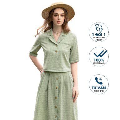 Áo sơ mi kẻ dáng ngắn Emspo tay nơ V gấu, cổ bẻ ve, cài cúc, đáp ngang túi ngực SMM2601