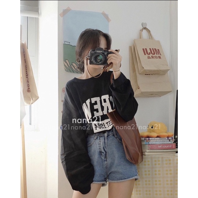 Áo thun dài tay 3158 chữ CREW bo viền 4 màu dáng xuông form oversize Lyn Closet A95L