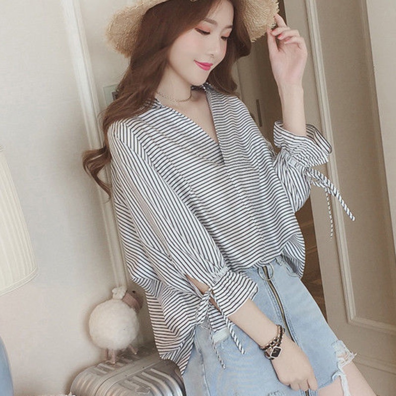 Áo kiểu RENJIANVSHENG 172582 tay lửng cánh dơi cổ chữ V họa tiết kẻ sọc thời trang thanh lịch dành cho nữ