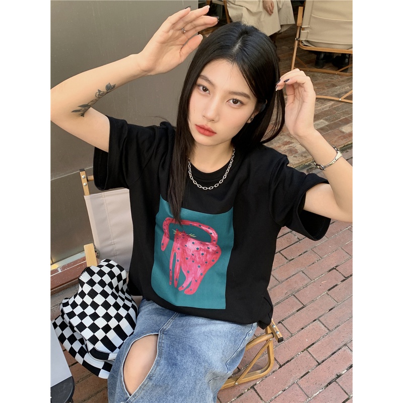 Áo Thun Cotton Tinh Khiết Tay Ngắn Dáng Rộng In Hình Báo Hồng 49896 Thời Trang Cho Nữ