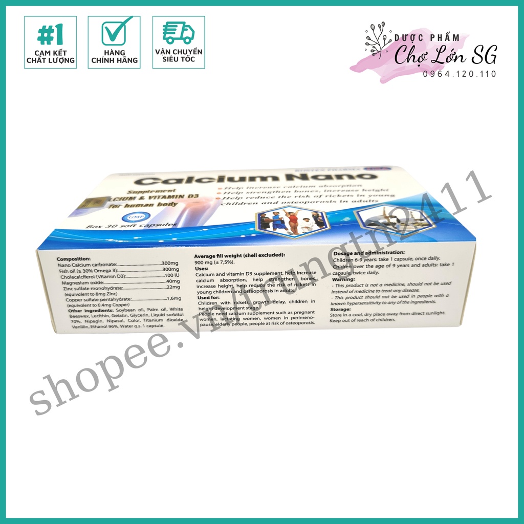 Viên uống CALCIUM NANO bổ sung canxi D3 giúp tăng chiều cao, chắc xương (XANH BIỂN) – Hộp 30 viên