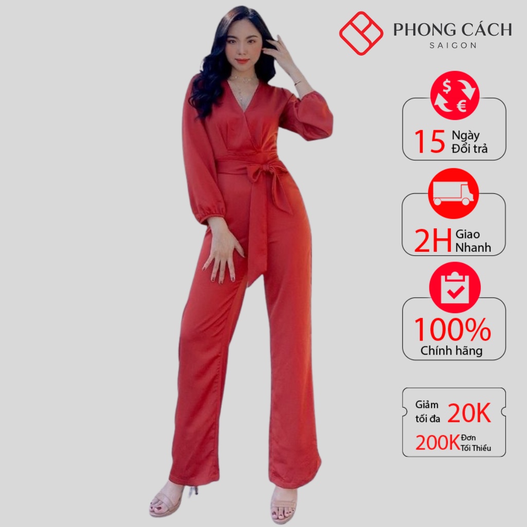 Jumpsuit dài ống rộng cổ V dài tay SJ854 - Phong Cách SAIGON