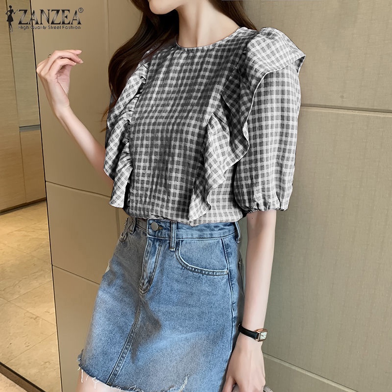 Zanzea Áo Sơ Mi Tay Lửng Cổ Tròn Họa Tiết Caro Phong Cách Hàn Quốc Thời Trang Cho Nữ