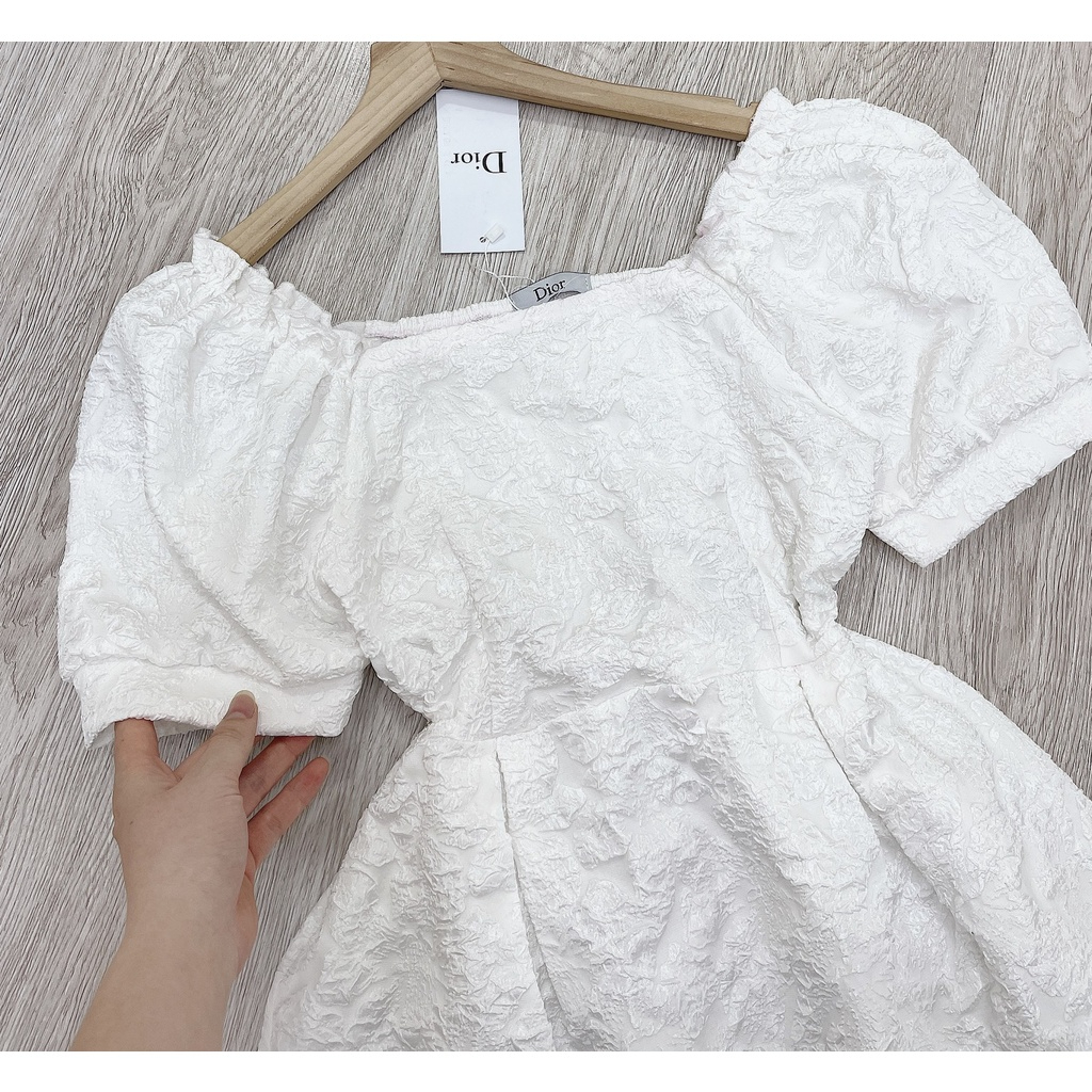 Váy xốp gấm hoa cổ vuông tay bồng chun lưng