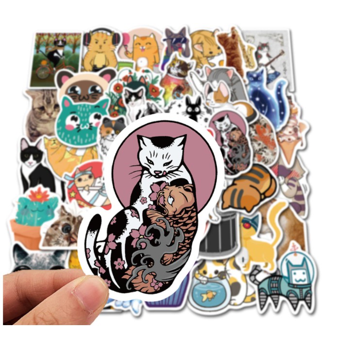 Combo Sticker MÈO CUTE nhựa PVC không thấm nước, dán nón bảo hiểm, laptop, điện thoại, Vali, xe