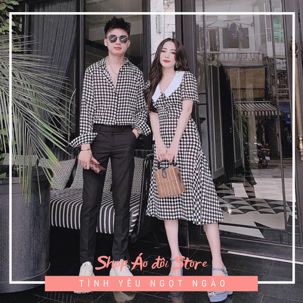 Bộ áo váy sơ mi cặp cao cấp, đồ đôi nam nữ dễ thương, chất đẹp để chụp hình cưới, đi du lịch