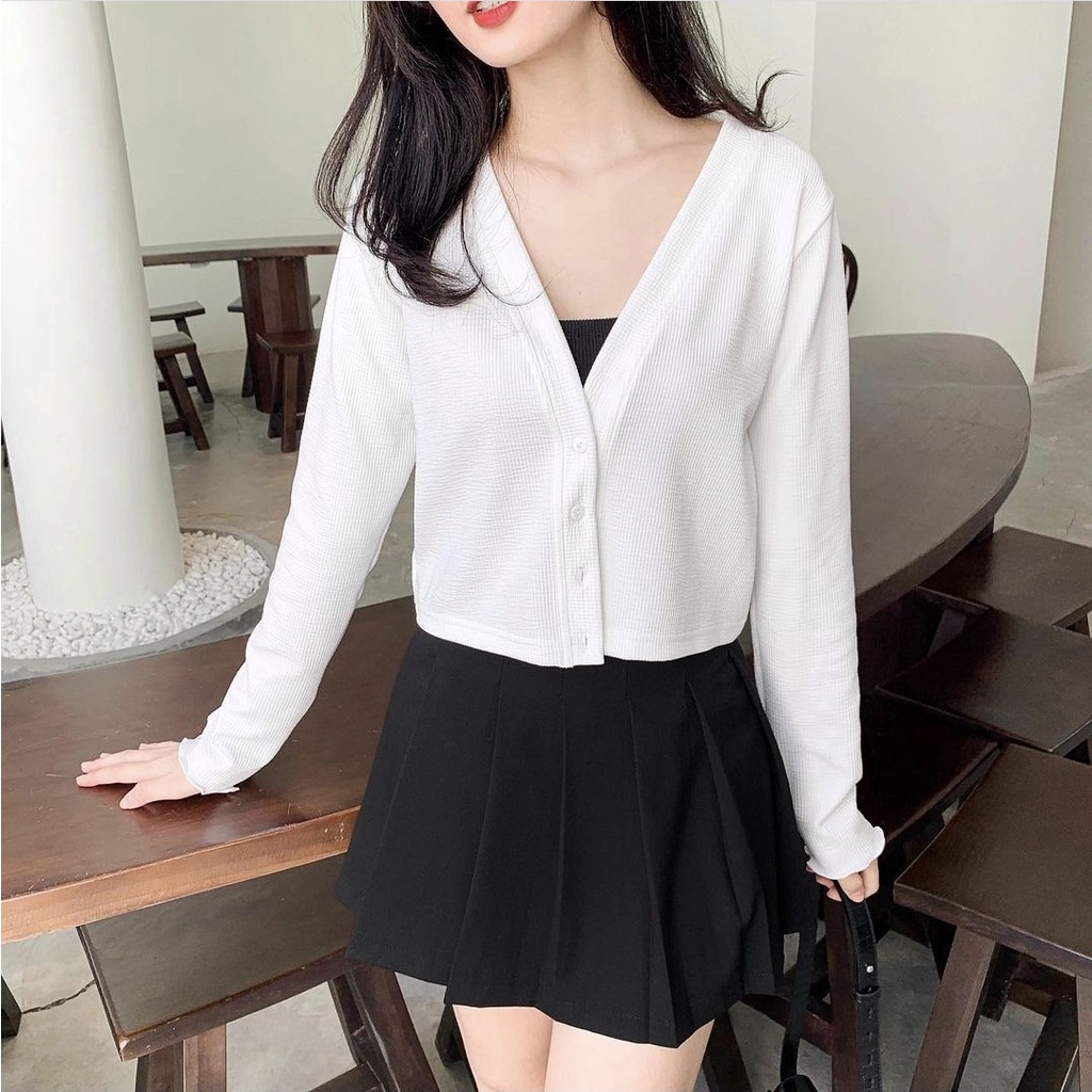 Áo Khoác Cardigan Croptop Màu Trơn Cổ Chữ V Phối Cúc Phong Cách Hàn Quốc Cho Nữ