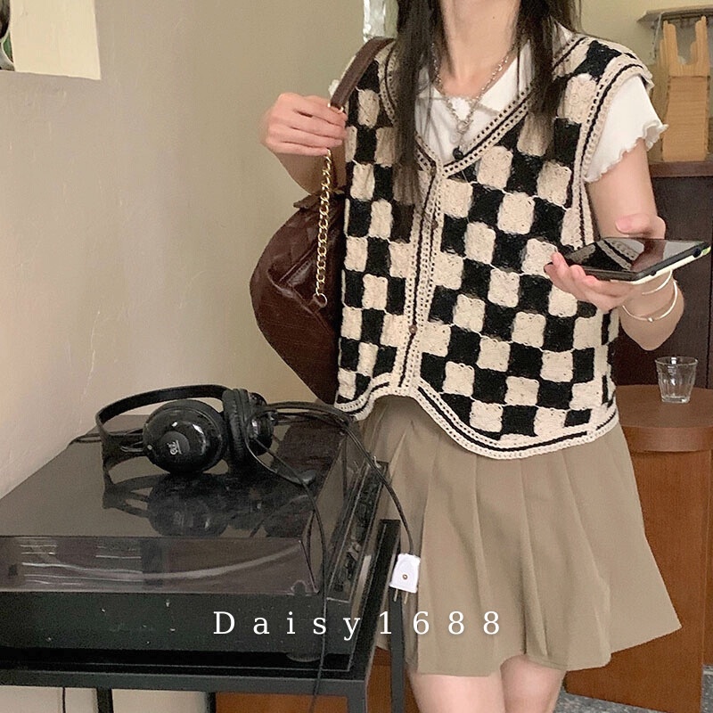 Áo Khoác Gile Không Tay Cổ V, Kẻ Caro Thời Trang Hàn Quốc Daisy1688