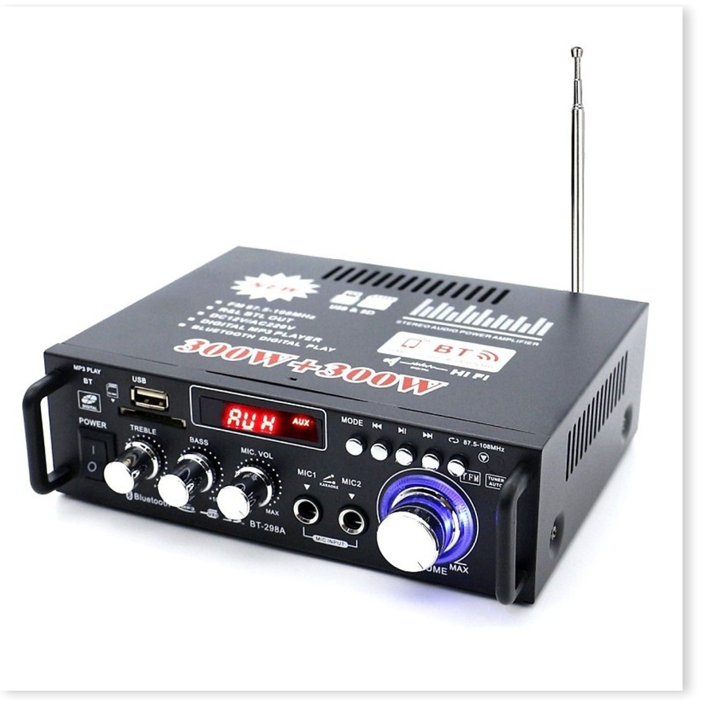Amply Bluetooth Mini công suất lớn KAW BT298A  600W kết nối USB, audio, thẻ nhớ... 220v 12V DC
