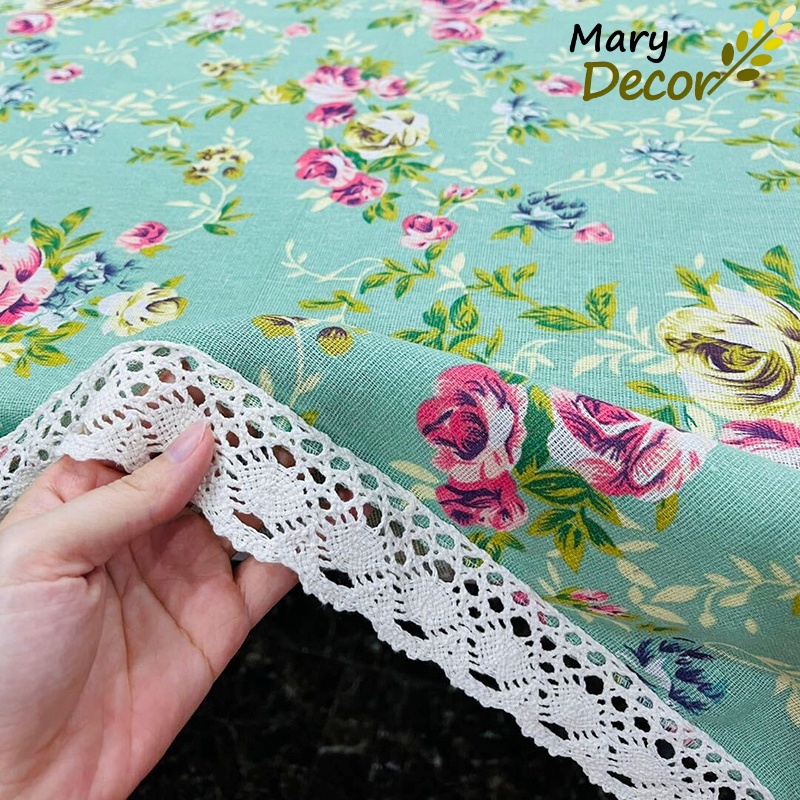 Khăn trải bàn ăn Mary Decor bằng vải lanh cotton chống bụi, Quà tặng 8-3 - họa tiết Hoa xanh vintage - KB-K04