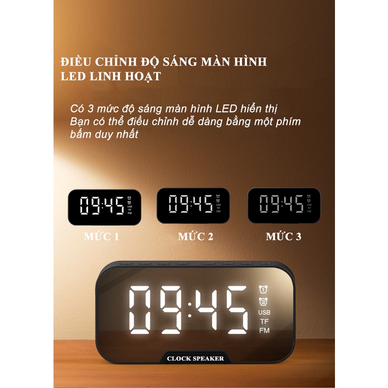 Loa đồng hồ không dây bluetooth Clock Speaker D88 nghe nhạc siêu trầm mặt kính tráng gương kèm đèn ngủ