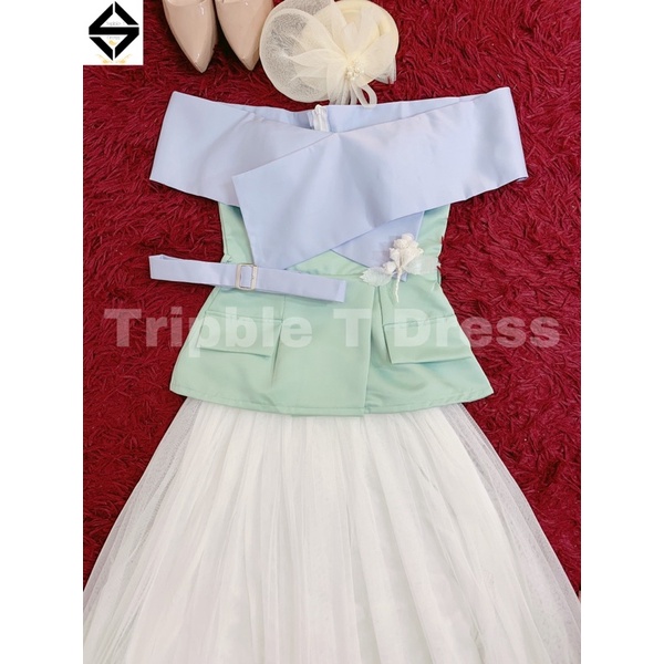 Sét đầm xoè dự tiệc bẹt vai + CV 3 lớp + nịt eo và hoa cài - size S/M/L - MS241Y