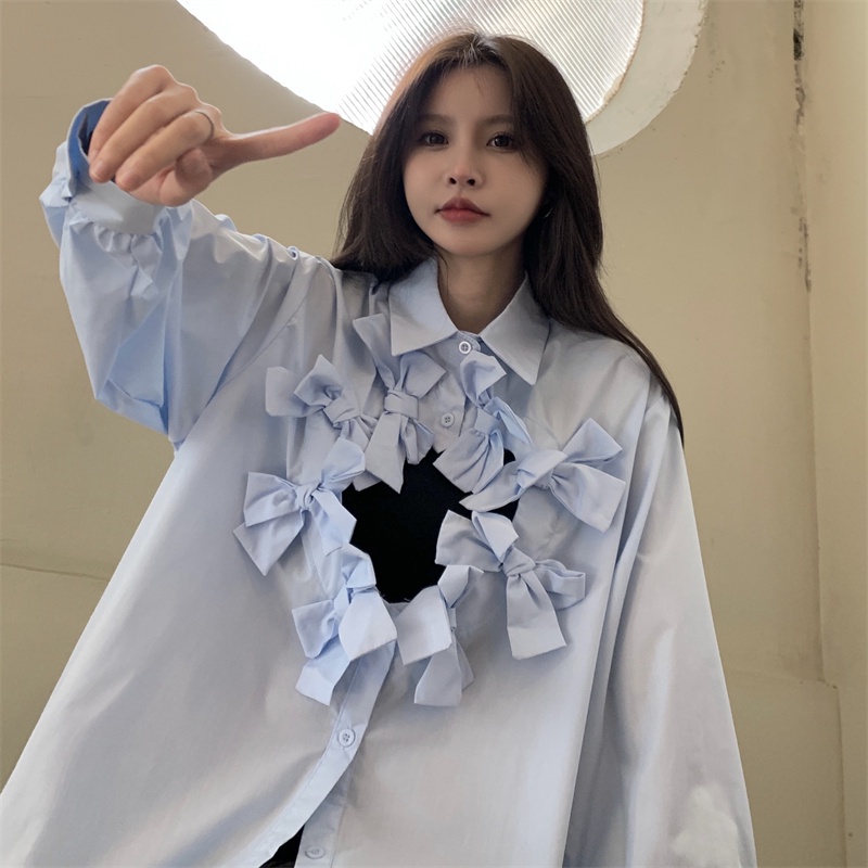 Áo sơ mi kiểu ZHELIHANGFEI cổ lật dáng rộng phối nơ dễ thương phong cách học đường thời trang dành cho nữ