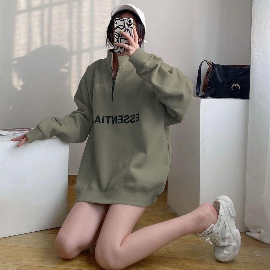 Áo Sweater Nam Nữ Form rộng CHUMI kéo khóa cổ in chữ nổi Essentials phong cách năng động, Streetwear AN209