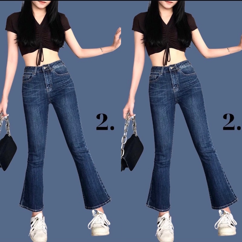 Quần Jean Nữ Loe Lưng Cao Trơn Chất dày dặn co giãn thoải mái phom 9 tấc tôn dáng phong cách trời trang