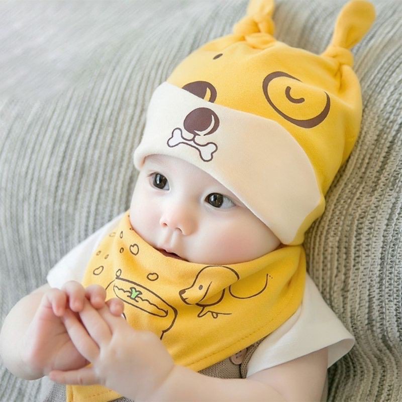 Set mũ kèm khăn yếm cotton 2 lớp cúc chỉnh mềm mại cho bé ( trai_gái/nhiều mẫu)