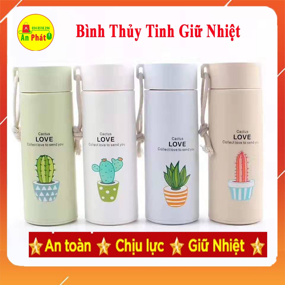 Bình Thủy Tinh Bọc Nhựa 400ml 💟 FREESHIP 💟 Bình Giữ Nhiệt Love Cactus  In Hình Xương Rồng