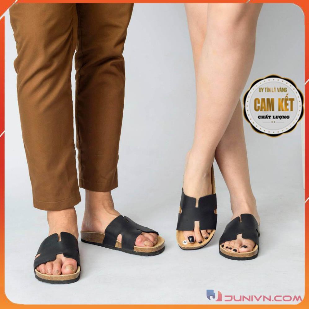 [DA BÒ THẬT] D04-Dép da chữ H Birken Bioline Unisex (Đế trấu) - Juni Store