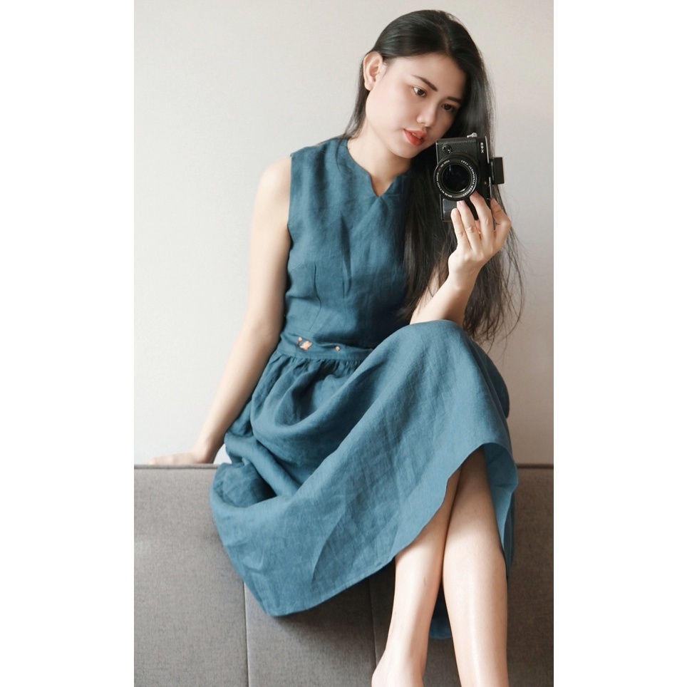 Đầm Linen Premium 100% dáng chữ A thêu tay | GREEnie E | CHAMULINEN