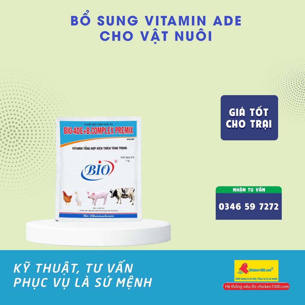 Bio Ade+B Complex Premix 1kg phòng thiếu vitamin AD3E trên heo, gà, vịt
