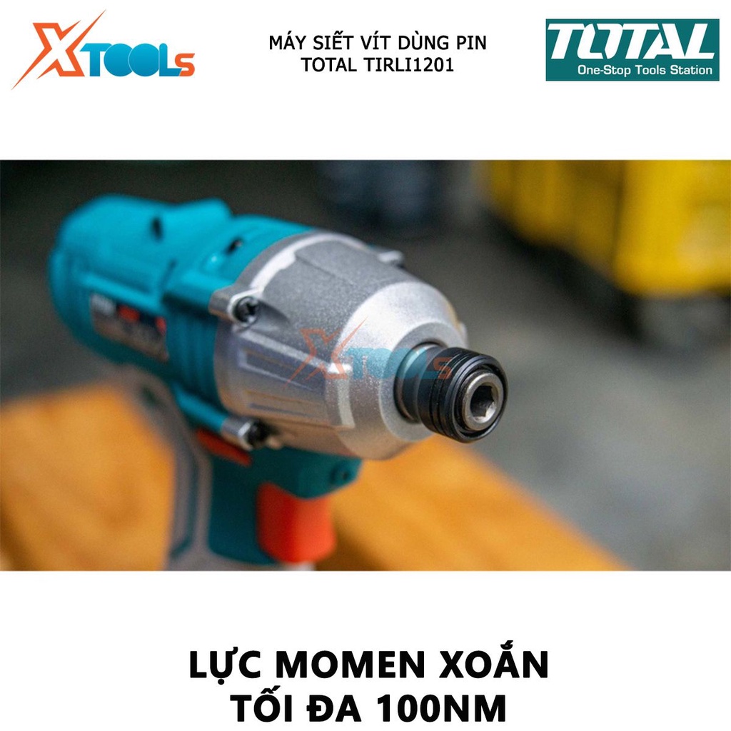 Máy bắn vít mini dùng pin 12v TOTAL TIRLI1201 điện áp sạc 220v tốc độ 2000v/p, tốc độ búa 2800ipm, đầu lục giác: 1/4&quot;