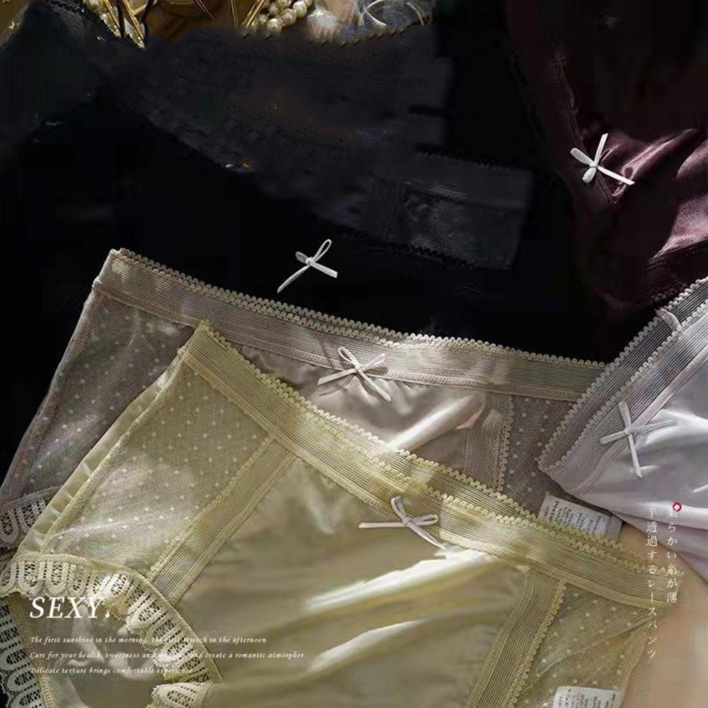 Quần Lót Cotton Lụa Satin Phối Lưới Thoáng Khí Họa Tiết Chấm Bi Phong Cách Hàn Quốc