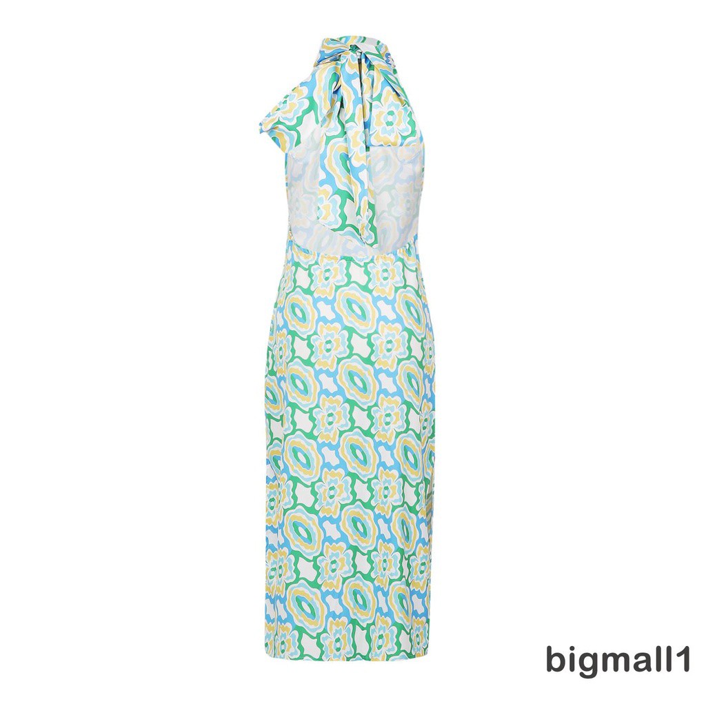Bigmall-đầm Maxi Cổ Đứng Mỏng Mùa Hè Họa Tiết In Xẻ Tà Màu Xanh Lá Cây (Một Mảnh)