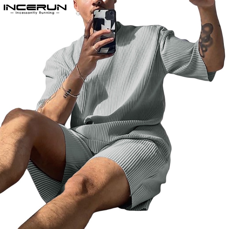 Bộ đồ INCERUN gồm áo tay ngắn và quần short dáng rộng thời trang dành cho nam